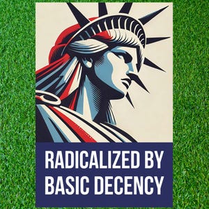 Może przedstawiać: Plakat z wystylizowaną ilustracją Statuy Wolności w kolorach czerwonym, białym i niebieskim. Tekst "RADICALIZED BY BASIC DECENCY" jest w kolorze białym na granatowym tle.
