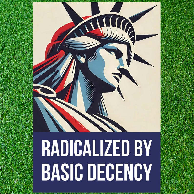 Może przedstawiać: Plakat z wystylizowaną ilustracją Statuy Wolności w kolorach czerwonym, białym i niebieskim. Tekst "RADICALIZED BY BASIC DECENCY" jest w kolorze białym na granatowym tle.