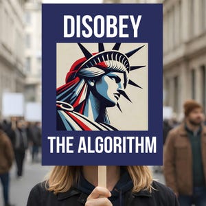May include: A sign held by a person with the text "DISOBEY THE ALGORITHM" in white on a navy blue background. The sign features an illustration of the Statue of Liberty in red, white, and blue.