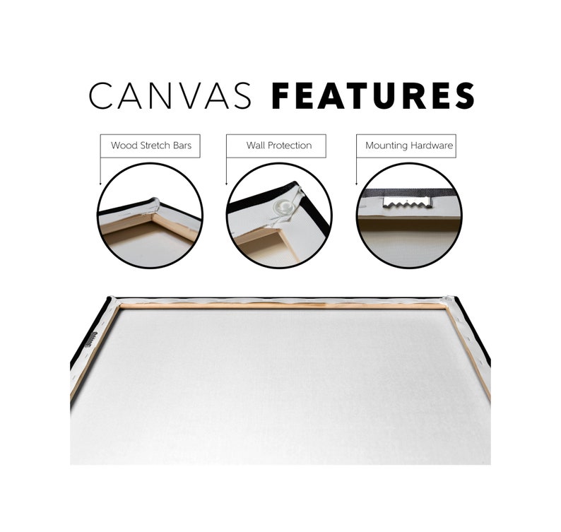 May include: Close-up of a canvas print with a wooden frame. The frame has a protective layer to prevent damage to the wall. The print also has mounting hardware for easy hanging.