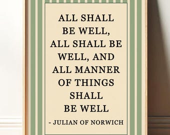 All Shall Be Well Print | Julian of Norwich Quote, Christian Wall Art, Catholic Decor | Religious Vintage Blue Floral Art
