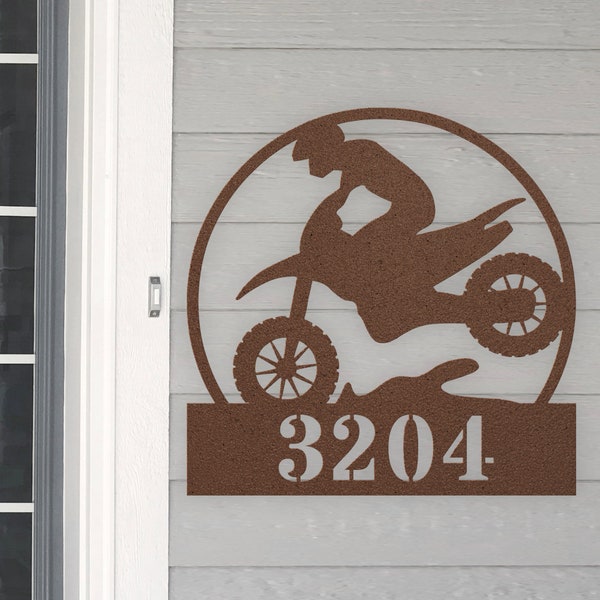 Personalized Motocross Dirt Bike Address House Number Sign Metal Wall Art Custom Family Name Silhouette Plaque Monogram Metal Sign Sculpture