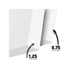 May include: White canvas with a 1.25 inch depth and a 0.75 inch side profile. The canvas is stretched and ready for painting.