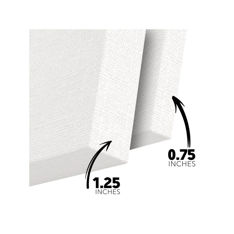 May include: White canvas with a 1.25 inch depth and a 0.75 inch side profile. The canvas is stretched and ready for painting.