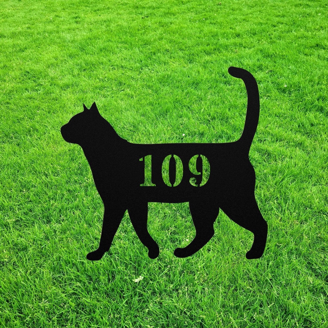 Black Cat House Number Sign Yard Address Plaque Garden Lawn Stake Metal