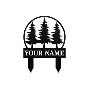 Custom Pine Tree Yard Sign Stake, Personalized Pine Trees Metal Monogram Outdoor Lawn Decor, House Address Number Garden Decoration image 1