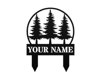 Custom Pine Tree Yard Sign Stake, Personalized Pine Trees Metal Monogram Outdoor Lawn Decor, House Address Number Garden Decoration