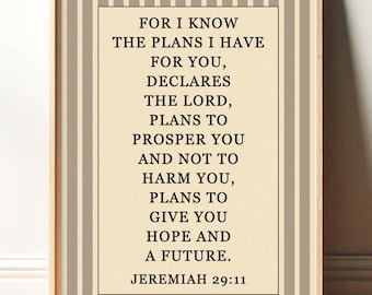 Jeremiah 29:11 Striped Bible Verse Print Wall Art, Christian Home Decor, Vintage Poster PHYSICAL PRINT