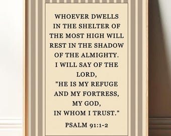 Psalm 91 Christian Wall Art Print, Bible Verse, Vintage Striped Refuge Gift