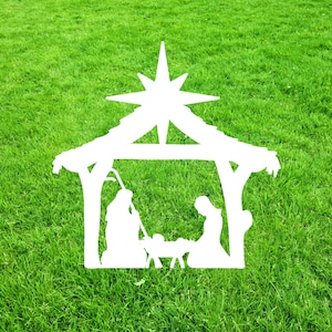 Outdoor Nativity Set, Nativity Scene Metal Yard Stake, Holy Family, Baby Jesus Mary Joseph, Angel Star Christmas Sign White Black
