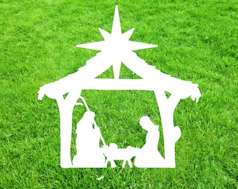 Outdoor Nativity Set, Nativity Scene Metal Yard Stake, Holy Family, Baby Jesus Mary Joseph, Angel Star Christmas Sign White Black