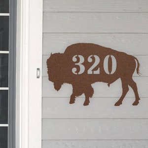 Personalized Buffalo Bison Address House Number Sign Metal Wall Art, Custom Family Name Silhouette Plaque Monogram Metal Sign Sculpture