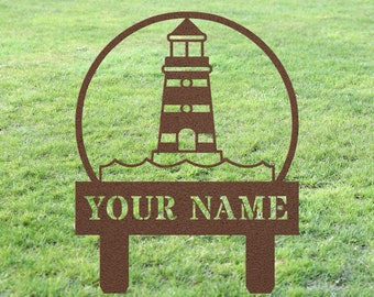 Custom Lighthouse Yard Sign Stake, Personalized The Lighthouse Metal Monogram Outdoor Lawn Decor, House Address Number Garden Decoration