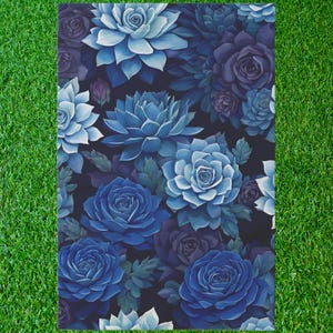 May include: A seamless pattern featuring blue succulents and roses on a dark background. The flowers are arranged in a repeating pattern, creating a beautiful and intricate design.
