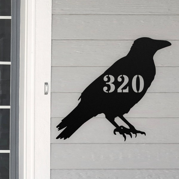 Personalized Crow Address House Number Raven Sign Metal Wall Art, Custom Family Name Silhouette Plaque Monogram Metal Sign Sculpture