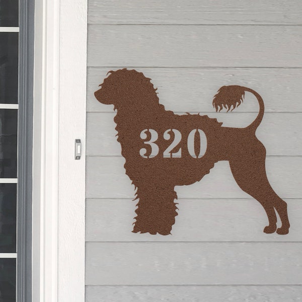 Personalized Portuguese Water Dog Address House Number Sign Metal Wall Art Custom Family Name Silhouette Plaque Monogram Metal Sculpture