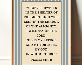 Psalm 91 Christian Wall Art Print, Bible Verse, Vintage Striped Refuge Gift