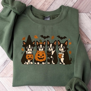 Boston Terrier Halloween Sweatshirt, Boston Terrier Fall Sweatshirt Dog Trick Or Treat Spooky Season Costume T-shirt Pumpkin Coffee