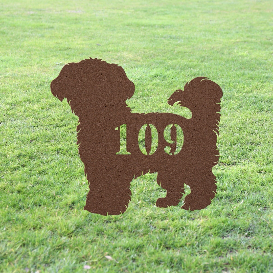 Maltese Dog House Number Sign Yard Address Plaque Garden Lawn Stake