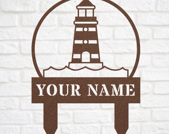Custom Lighthouse Yard Sign Stake, Personalized The Lighthouse Metal Monogram Outdoor Lawn Decor, House Address Number Garden Decoration
