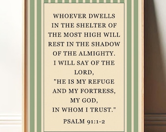 Psalm 91 Christian Wall Art Print, Bible Verse, Vintage Striped Refuge Gift