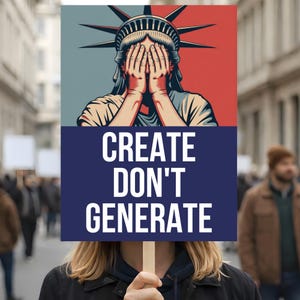 May include: A protest sign with the Statue of Liberty covering her eyes, set against a red and blue background. The sign reads "CREATE DON'T GENERATE" in bold white letters, held by a person in a crowd.
