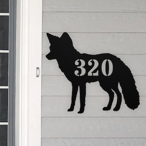 Personalized Red Fox Address House Number Sign Metal Wall Art, Custom Family Name Silhouette Plaque Monogram Metal Sign Sculpture