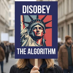 May include: A person holding a sign with the text "DISOBEY THE ALGORITHM" in white letters on a navy blue background. The sign features an illustration of the Statue of Liberty in red, blue, and cream colors.