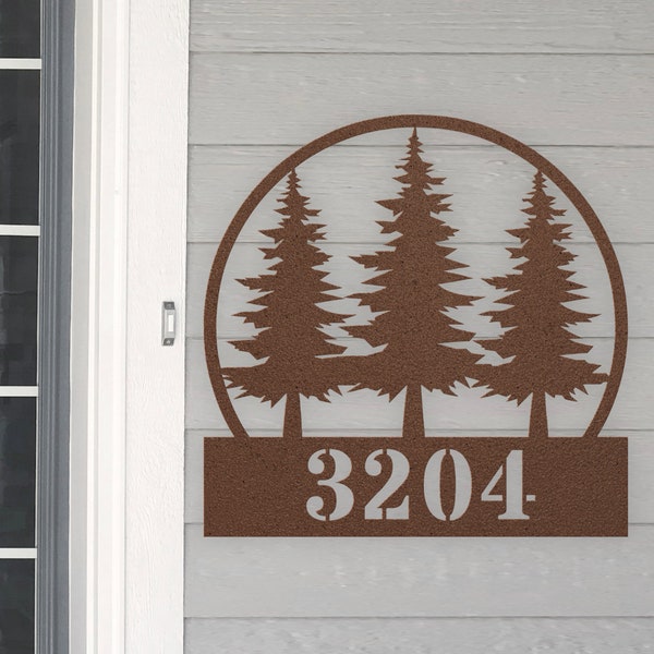 Personalized Pine Tree Address House Number Sign Metal Wall Art, Custom Family Name Silhouette Plaque Monogram Metal Sign Sculpture