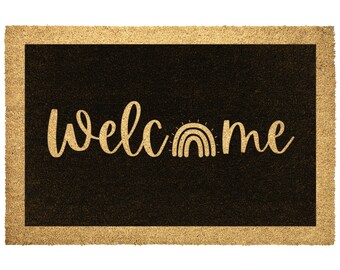 Rainbow welcome coir doormat, boho decor for your front porch entry, unique and custom welcome mat for your home