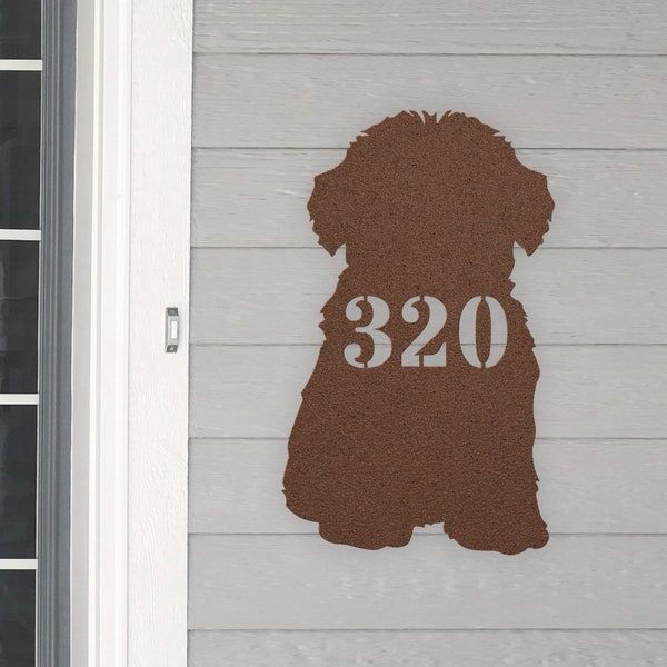 Personalized Yorkiepoo Address House Number Sign Metal Wall Art, Custom Family Name Silhouette Plaque Monogram Metal Sign Sculpture