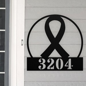 Personalized Awareness Ribbon House Number Sign Cancer Survivor Metal Wall Art, Custom Family Name Silhouette Monogram Metal Sign Sculpture