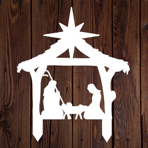 Outdoor Nativity Set, Nativity Scene Metal Yard Stake, Holy Family, Baby Jesus Mary Joseph, Angel Star Christmas Sign White Black
