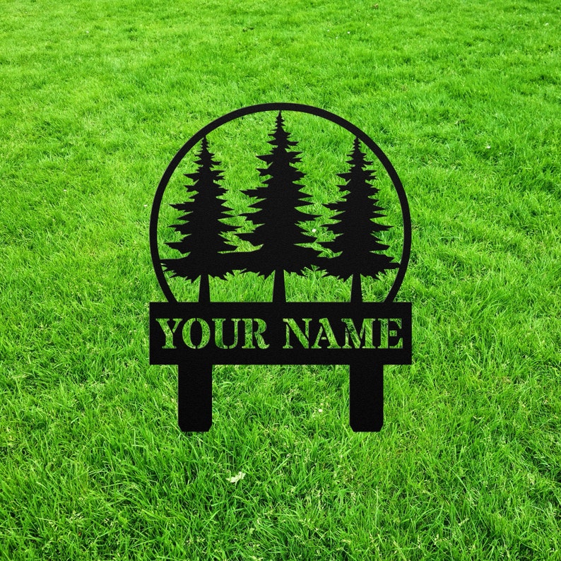 Custom Pine Tree Yard Sign Stake, Personalized Pine Trees Metal Monogram Outdoor Lawn Decor, House Address Number Garden Decoration image 2