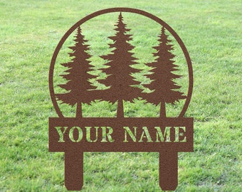 Custom Pine Tree Yard Sign Stake, Personalized Pine Trees Metal Monogram Outdoor Lawn Decor, House Address Number Garden Decoration