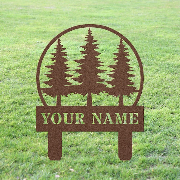 Custom Pine Tree Yard Sign Stake, Personalized Pine Trees Metal Monogram Outdoor Lawn Decor, House Address Number Garden Decoration