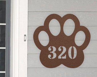 Personalized Paw Address House Number Dog Paw Sign Metal Wall Art, Custom Family Name Silhouette Plaque Monogram Metal Sign Cat Sculpture