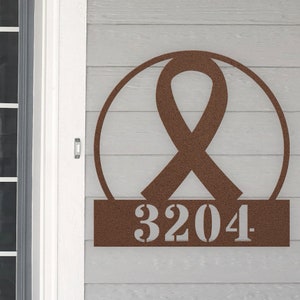 Personalized Awareness Ribbon House Number Sign Cancer Survivor Metal Wall Art, Custom Family Name Silhouette Monogram Metal Sign Sculpture