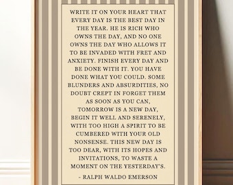 Ralph Waldo Emerson | Write it On Your Heart | Blue and White Poetry Wall Art Vintage | Modern Art Print for Entryway | Print or Canvas
