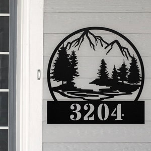 Naturaleza personalizada montaña bosque dirección casa número signo metal pared arte, nombre de familia personalizado silueta placa monograma escultura de metal