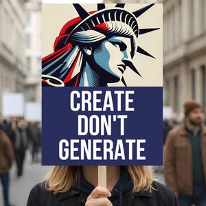May include: A sign held by a person with the Statue of Liberty illustration at the top and the words "CREATE DON'T GENERATE" in white on a blue background. The image is taken outdoors with a crowd in the background.