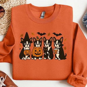 Boston Terrier Halloween Sweatshirt, Boston Terrier Fall Sweatshirt Dog Trick Or Treat Spooky Season Costume T-shirt Pumpkin Coffee c