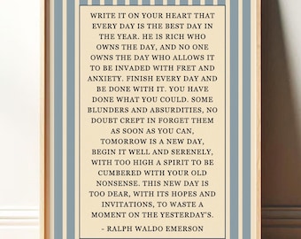 Ralph Waldo Emerson | Write it On Your Heart | Blue and White Poetry Wall Art Vintage | Modern Art Print for Entryway | Print or Canvas