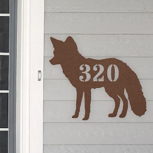 Personalized Red Fox Address House Number Sign Metal Wall Art, Custom Family Name Silhouette Plaque Monogram Metal Sign Sculpture