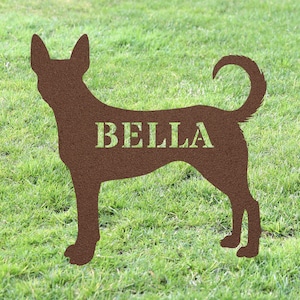May include: A brown silhouette of a dog with the name "BELLA" written on its side. The silhouette is on a green grassy background.