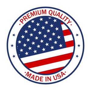May include: A circular emblem featuring the American flag with a blue field of white stars and red and white stripes. The words "PREMIUM QUALITY" and "MADE IN USA" are printed in red around the edge of the emblem.