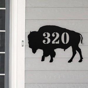 Personalized Buffalo Bison Address House Number Sign Metal Wall Art, Custom Family Name Silhouette Plaque Monogram Metal Sign Sculpture