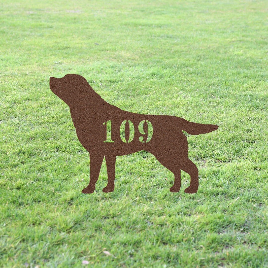 Labrador House Number Sign Yard Address Plaque Garden Lawn Stake Metal