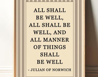 All Shall Be Well Print | Julian of Norwich Quote, Christian Wall Art, Catholic Decor | Religious Vintage Blue Floral Art