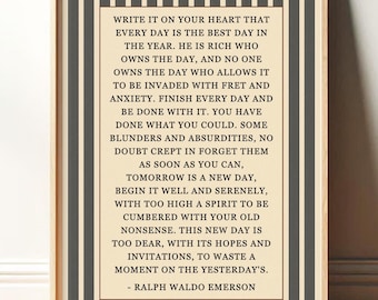 Ralph Waldo Emerson | Write it On Your Heart | Blue and White Poetry Wall Art Vintage | Modern Art Print for Entryway | Print or Canvas